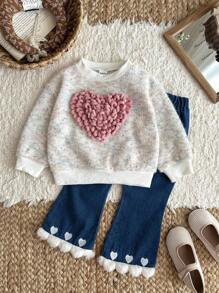 SHEIN Áo thun in hình trái tim dễ thương và quần denim thêu hình trái tim thời trang thu đông cho bé gái - Nhiều màu - Xem 5