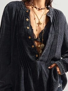 Bohemela 女士复古休闲波西米亚风黑色纯色圆领半开襟宽松长袖水洗宽松衬衫，复古西部乡村风格，适合音乐会、度假、外出、返校等场合，秋冬季穿着。 - 黑色 - 查看 3