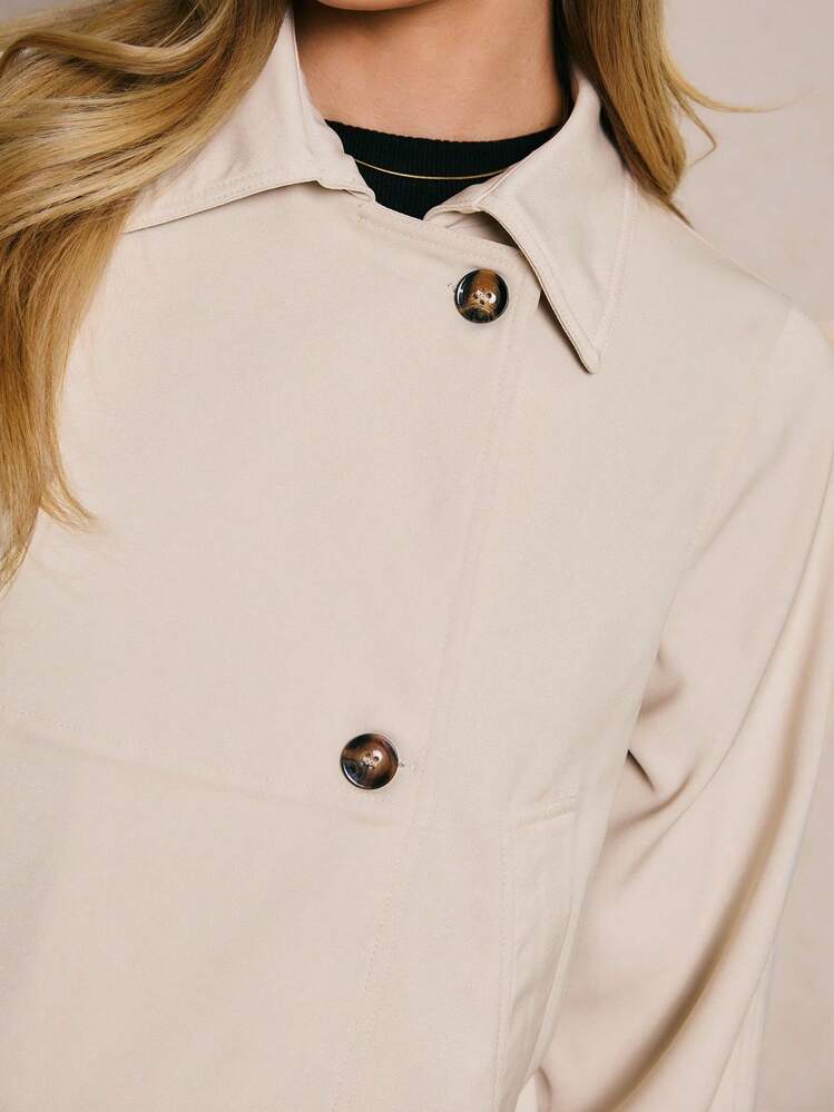 Poéselle Women's Solid Color Minimalist Casual Long Sleeve Trench Coat,Winter Coat,Cropped Jacket,Business Casual Woman,Office Outfits For Women,Old Money Style Women,Classy Outfits For Women, Fall Clothes For Women,Winter Clothes For Women - Khaki - View 5