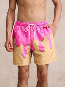 Surfspeed Men's Beach Vacation Drawstring Print Beach Shorts - Hot Pink - View 3