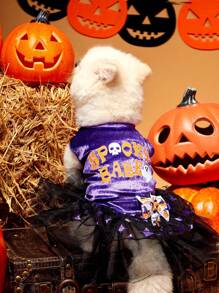 PETSIN 1pc Pet Halloween Purple Sleeveless Velvet Star Foil Print Mesh Tutu Dress With Cute Letter Print For Cats & Dogs - Multicolor - View 1