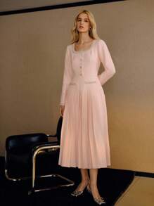 MOTF PREMIUM BEADED FAUX PEARL TRIM RHINESTONE DETAIL PLEATED HEM DRESS - Pink - View 6