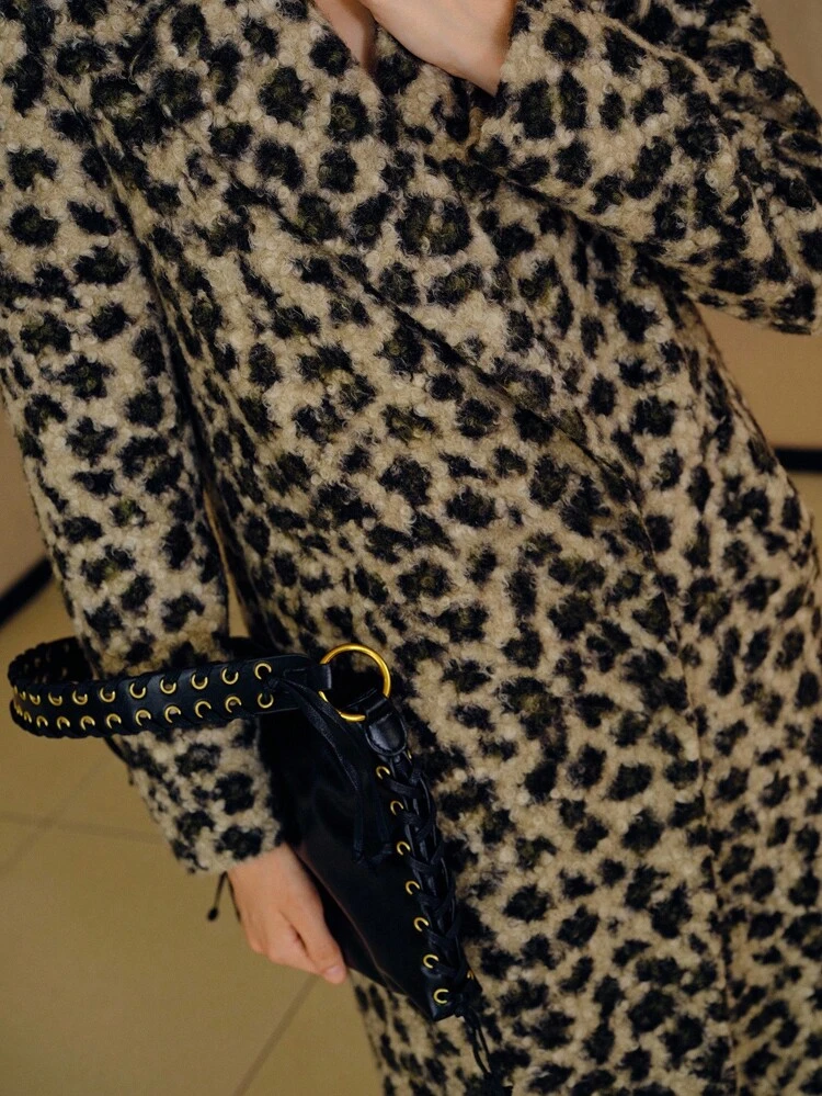 FUZZY LEOPARD PATTERN LAPEL COLLAR DOUBLE BREASTED PLACKET OVERCOAT