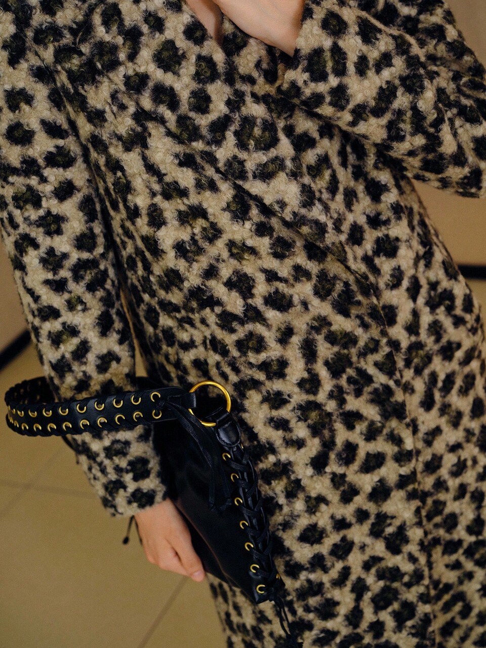 FUZZY LEOPARD PATTERN LAPEL COLLAR DOUBLE BREASTED PLACKET OVERCOAT