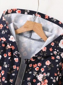 SHEIN 秋冬季青少年女孩休闲碎花连帽束腰中长外套 - 藍色 - 查看 6