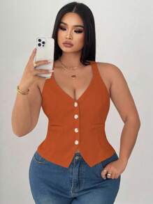 SHEIN Unity Plus Size Women Solid Color Cinched Waist Top Camisole - Orange - View 2