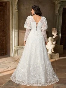 Aureia Plus Size White Spring Elegant Wedding Dress,Gorgeous Sequin Embroidery Mesh Satin V-Neck See-Through Long Sleeves Pleated Oversized Skirt For Dinner - White - View 3