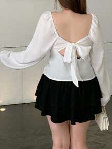 Dazy Plus Áo kiểu nữ cỡ lớn màu trơn, cổ bẻ, tay phồng, lưng hở, nơ, tay dài, màu trắng, thích hợp cho kỳ nghỉ. - trắng - Xem 7