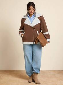 SHEIN LUNE Chaqueta de moto casual de talla grande con forro de piel sintética, para otoño/invierno - Caqui - Ver 7
