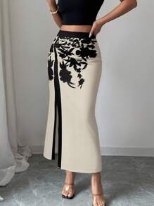 Selianne Women's Elegant Commuter Floral Print High Slit Skirt Fall Cloth For Women - Multicolor - View 5