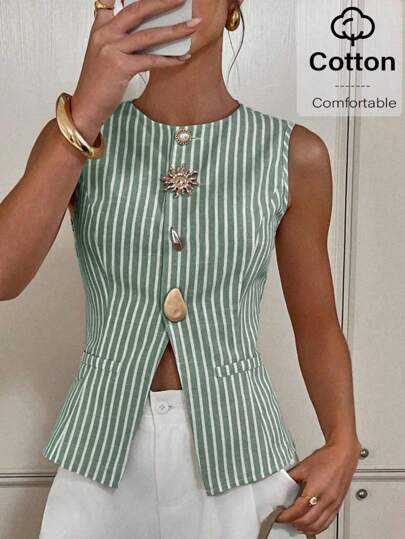 Siren Gaze Women's Metal Decor Striped Round Neck Casual Tank Top Summer Green Casual Green Christmas