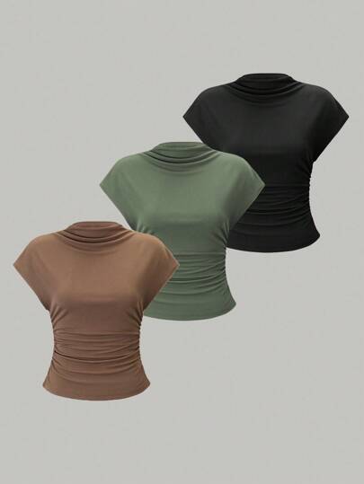 Chiquease 3pcs Women's Solid Color Minimalist Casual Ruched Short Sleeve T-Shirt Set