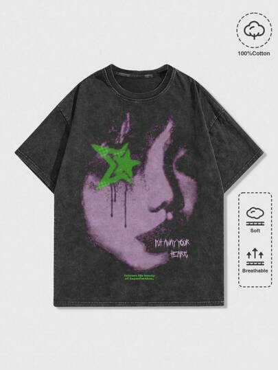 ROMWE MEN Grunge Punk 男士人像印花酸洗短袖T恤，适合春夏日常穿着，2000年代风格