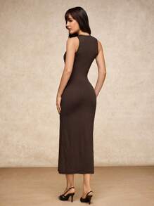 House of One Old Money Solid Brown Textured Knit Sleeveless Overlap Fitted Midi Dress Women Casual Autumn Outfits Brown Midi Dress Brown Dress Women Casual Old Money Fall Women Clothes Brown Dress Coffee Brown Dress Brown Buckle Dress Fall Outfits Business Professional Women Business Casual Woman