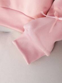 SHEIN Teenage Girls' Solid Color Fashionable Bow Sweatshirt Jacket, Comfortable Fleece Sweatshirt Fabric, Stylish Sleeve Design, Overall Youthful And Energetic Girl Style, Suitable For Back To School Season Or Everyday Outdoor Wear Fall Winter - Pink - View 4