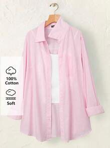 Rusticease 大码长袖休闲条纹衬衫，秋季女装 - 粉色 - 查看 3