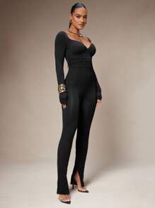 Silquee 女式休闲纯色紧身连体裤 - 黑色 - 查看 6