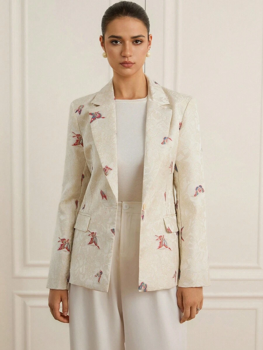 GENKIRA Áo khoác vest công sở ôm sát có họa tiết, cài một nút - Màu be - Xem 1