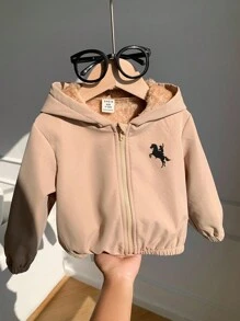 SHEIN 男女通用婴儿休闲连帽羊毛外套，卡其色，适合男婴和女婴，秋冬季