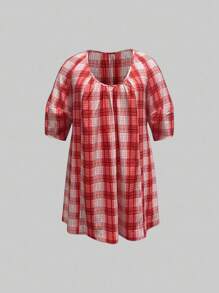 INAWLY Damen Große Größen Kariertes Kleid mit V-Ausschnitt, Puffärmeln und locker geschnittenem lässigen Stil für den Sommer - Rot - Übersicht 3