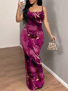 SHEIN SXY 女士休闲水墨画图案紧身连衣裙，适合夏季 - 紫色 - 查看 5