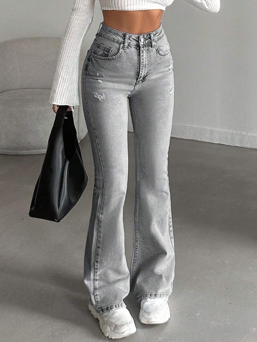SHEIN Tall 98%Cotton High-Waist Original Boot Cut Jeans Tall - Grey - View 1