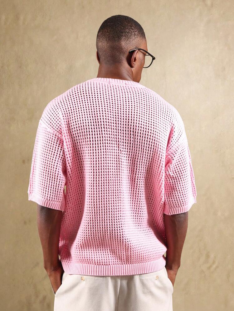 Openwork Knit Short Sleeve Pullover With Ribbed Trim