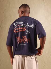 SUMWON 阿马尔菲夏季系列海滩休闲超大短款 T 恤意大利里维埃拉度假休闲装短袖 T 恤 - 藏蓝色 - 查看 2