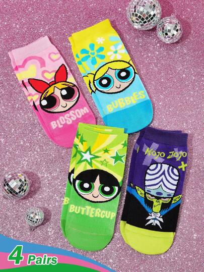 THE POWERPUFF GIRLS X SHEIN 4 Pairs Soft & Breathable Moisture-Wicking Casual Women Ankle Socks With Blossom & Bubbles & Buttercup Pattern, Fashionable And Cute Colorful Short Socks, Reinforced Toe & Heel, For Durabiliy All Season All-Match,Y2K