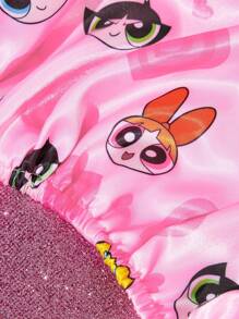 THE POWERPUFF GIRLS X SHEIN 双层升级护发帽，宽弹力缎面睡帽，柔软舒适，适合日常居家佩戴，粉色爱心和“花朵、泡泡和毛茛”图案 - 粉色 - 查看 8