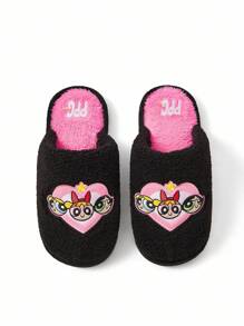 THE POWERPUFF GIRLS X SHEIN 时尚卡通刺绣防滑室内拖鞋女童柔软毛绒保暖冬季可爱家居鞋花朵、泡泡和毛茛，耐用鞋底，居家卧室空调房春秋冬 - 黑色 - 查看 7