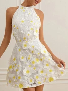 GENKIRA New Fashionable Minimalist Elegant Sexy Women's Chiffon Embroidered Backless Waist Slimming A-Line Short Dress - White - View 4