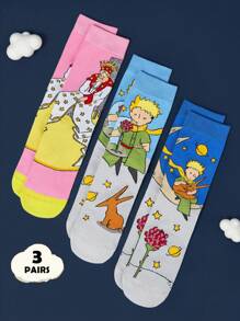 LE PETIT PRINCE X SHEIN 3 đôi tất dài đến bắp chân mềm mại, thoáng khí, thấm hút mồ hôi, thường ngày cho nữ, màu hồng và xanh dương, thời trang và dễ thương, mũi và gót được gia cố để bền bỉ trong mọi mùa, phù hợp với mọi phong cách, mặt trăng và ngôi sao - Nhiều màu - Xem 2