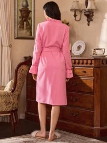 Elegant Ruffled French Style Bathrobe, Soft Loungewear For Women - Pink - View 2