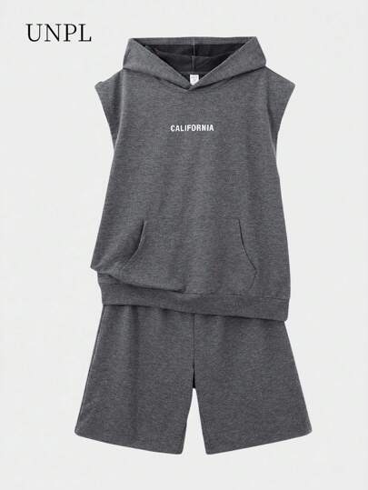 SHEIN 2pcs/Set Teen Boy Casual Versatile Hoodie Top & Shorts Set, Fashion Distressed Look, Loose Minimalist Style, Suitable For Spring/Summer, School, Campus, College