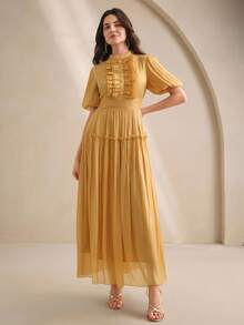 Anewsta 女士长裙，夏季款式，荷叶边设计，优雅百搭，适合节日和假日穿着 - 黃色 - 查看 5