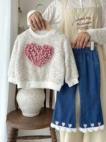 SHEIN Áo thun in hình trái tim dễ thương và quần denim thêu hình trái tim thời trang thu đông cho bé gái - Nhiều màu - Xem 3