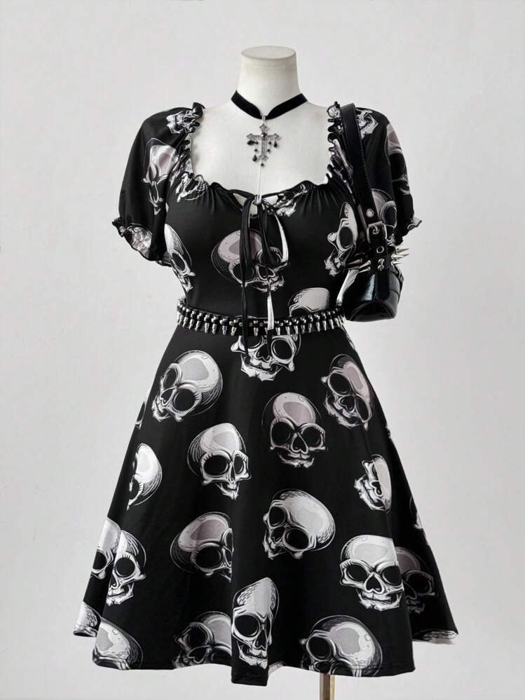 Sunspun Plus Size Women's Fashionable Halloween Skull Print Square Neck Short Dress - Multicolor - View 1