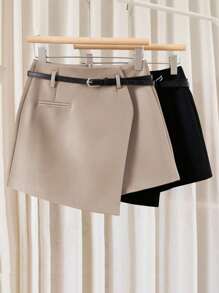 Franclia Petite 休闲通勤时尚不对称下摆裙裤女多功能单件短裤腰部无腰带搭配单件裙裤 - 卡其色 - 查看 8