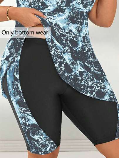 Swim Lushoire Plus Size Women's Digital Print Patchwork Mid-Length Board Shorts, Beach Party Holiday Swimwear For Summer Beach Vacation