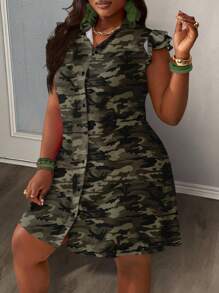 Slaydiva 大码复古迷彩印花度假连衣裙 - 綠色 - 查看 1