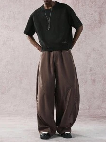 STYNVO 男士夏季纯色圆领短袖休闲宽松T恤，宽松落肩廓形T恤，街头风，短款宽松版型，黑色圆领T恤，春夏秋冬 - 黑色 - 查看 3