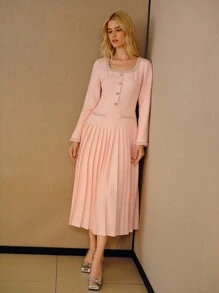 MOTF PREMIUM BEADED FAUX PEARL TRIM RHINESTONE DETAIL PLEATED HEM DRESS - Pink - View 3