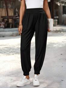 EMERY ROSE 女式纯色褶皱口袋抽绳宽松休闲裤女式哈伦裤女式宽松裤松紧腰裤女式休闲裤女式夏季裤子女式夏季裤子女式裤子休闲哈伦裤女式运动裤女式运动裤女式黑色裤子宽松裤秋季女装返校服 - 黑色 - 查看 4
