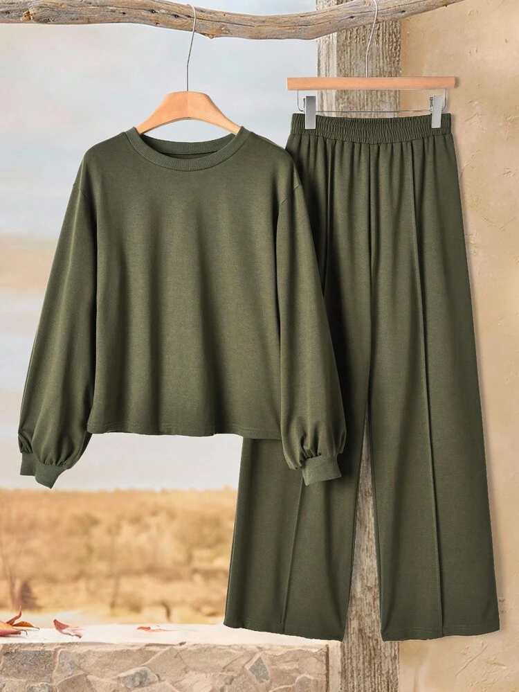 2pcs Women Casual Solid Color Minimalist Long Sleeve Top & Pants Set Two Pieces Set Women Long Sleeve Two Pieces Set Comfortable Two Pieces Set 2 Pieces Casual Sets Woman Two Pieces Pants Set Women FALL Women's Winter Clothes