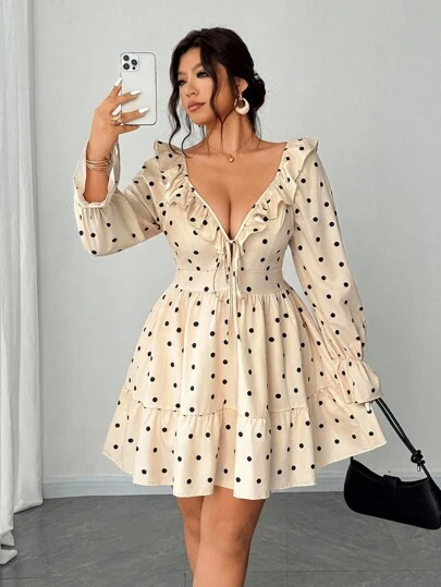 Elenzga Váy voan chấm bi cổ chữ V sâu viền bèo nhún gợi cảm thanh lịch lãng mạn