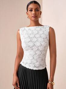 Zivah 2025年夏季新款性感白色蕾丝花卉3D提花修身短款背心，适合复活节、音乐节、日常穿着、派对、圣诞节、情人节、约会、海滩、游轮、狂欢节 - 白色 - 查看 4