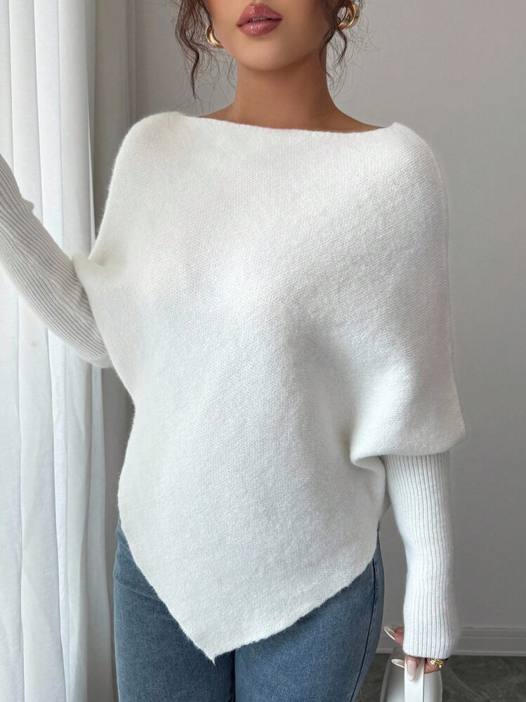 Elenzga 女式不对称蝙蝠袖圆领休闲优雅针织毛衣上衣，适合春秋冬季度假和节日穿着 - 杏色 - 查看 6