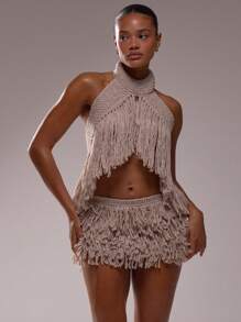 MUSERA Áo len dệt kim tua rua cổ choker, thích hợp cho mùa hè, đi Ibiza, kỳ nghỉ, lễ hội, áo len gợi cảm, áo len mùa xuân, áo len đi nghỉ mát, lễ hội hóa trang. - Màu be - Xem 5