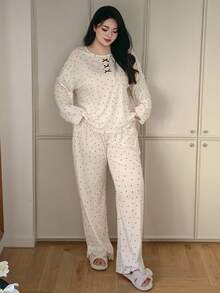 Dazy Plus 大码女式蝴蝶结装饰撞色蕾丝波点宽松睡衣套装，上衣和裤子，舒适套装，秋冬服装 - 白色 - 查看 5